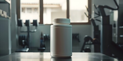 Sports Nutrition Mockup of Creatine Powder Jar in Gym Setting. Concept Sports Nutrition, Mockup Design, Creatine Powder, Gym Setting, Fitness Supplement