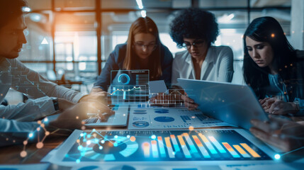 Group of professionals intensely focused on data charts and graphical overlays in a meeting, discussing and strategizing business analytics and planning.