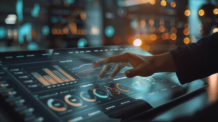 Hand interacting with a high-tech digital touch screen displaying various data graphs and analytics, highlighting modern technology and real-time business data analysis.