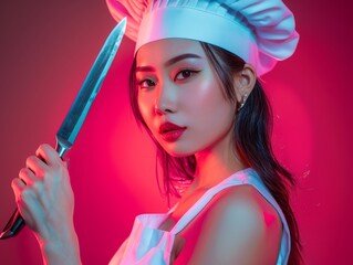 Medium shot of A beautiful young woman in a white apron and chef's hat holding a pan with a sharp knife, themed background, bright tonality, in the style of fashion photography