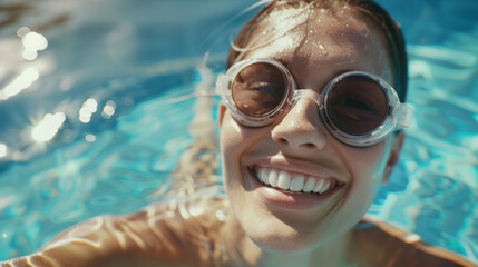 Fototapeta premium A smiling person in swimming goggles enjoys a refreshing dip in a sunlit pool, radiating happiness and relaxation.