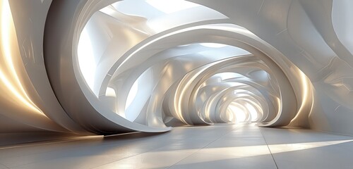 A captivating 3D rendered scene of an abstract geometric interior, showcasing detailed textures, smooth surfaces, and complex light interactions.