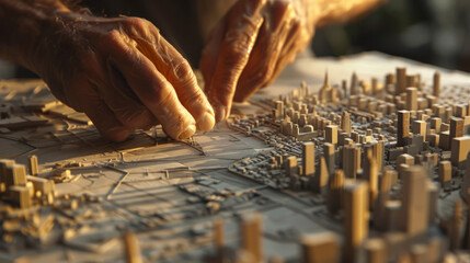 Hands carefully place miniature buildings on a detailed city model, symbolizing urban planning and architectural precision.