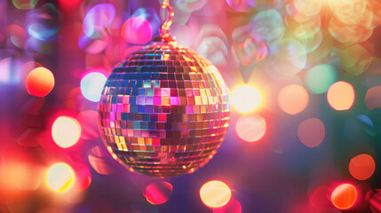 A vibrant disco ball illuminated by colorful lights, creating a festive and lively atmosphere with...