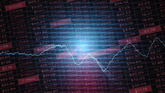 Abstract dark red blue colored business data spreadsheets with graphs animation background.