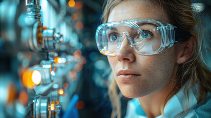 Caucasian woman scientist using technology computer for connection privacy lock in futuristic data on virtual screen interfaces in global network