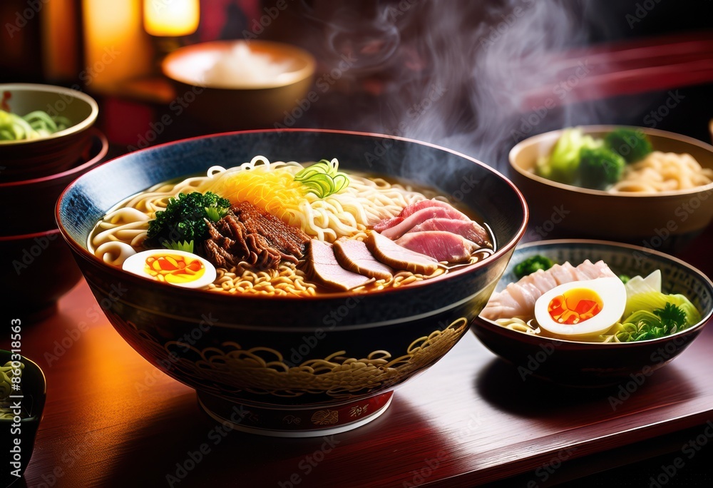 Wall mural delicious steaming bowl ramen noodles asian style restaurant setting, food, cuisine, japanese, hot, tasty, meal, traditional, broth, chopsticks, slurping, savory - Wall murals