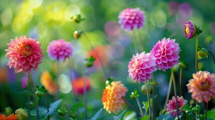 Fototapeta premium A bunch of pink flowers are in a field