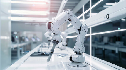A robotic arm in a high-tech, pristine lab setting highlights advancements in automation and technology.