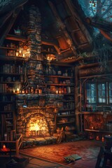 Obraz premium Cozy Witch's Cottage Interior with Candles, Fireplace, Potion Bottles, and Magical Artifacts for Halloween Decor