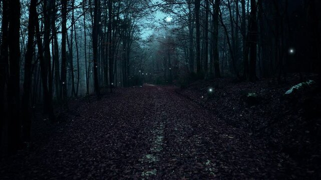 Dark evening forest road with flicker fireflies. Concept halloween.