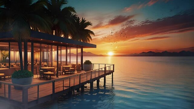 Modern interior of beachside restaurant, In a smooth looping background with 4K video.
