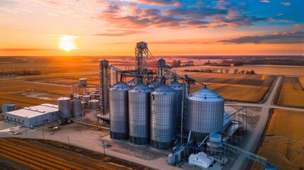 Obraz premium Grain Storage Facility with Silos and Drying Units at Sunset for Agricultural Operations