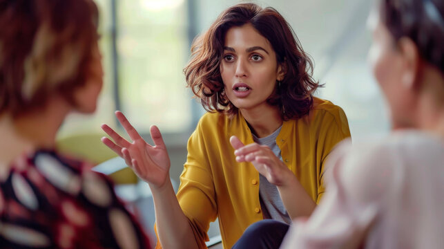A woman passionately speaks with expressive hand gestures during a group discussion, highlighting engagement and communication.
