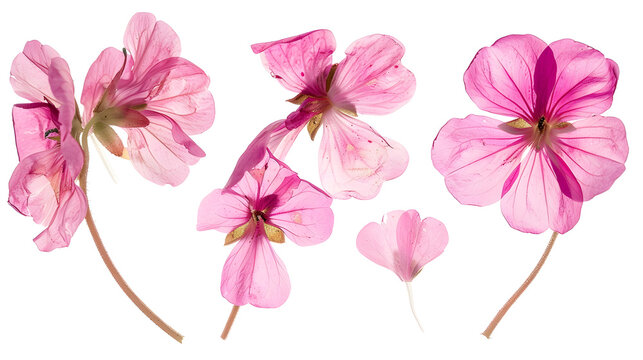 Pressed and dried pink delicate transparent flowers geranium pelargonium isolated on white background For use in scrapbooking floristry or herbarium : Generative AI
