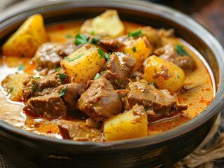 A steaming bowl of mussaman Curry filled with bite-sized pieces of meat and vegetables in a thick, flavorful sauce.
