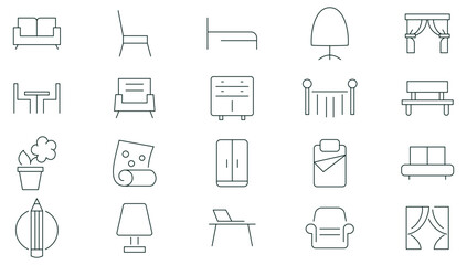 Home interior linear icon set. Furniture, interior design, closet, chair, mattress, kitchen, bedroom, sofa table, bookcase, lamps and ladder outline icon collection. UI thin outline icons pack.