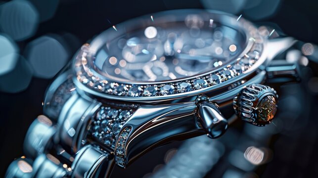 Elegant luxury wristwatch with sparkling diamonds, close-up shot highlighting intricate details and craftsmanship in a soft, blurred background.