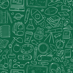 Back to school, education seamless pattern with hand drawn doodles, cartoon elements on green chalkboard background for wallpaper, wrapping paper, textile prints, etc. EPS 10