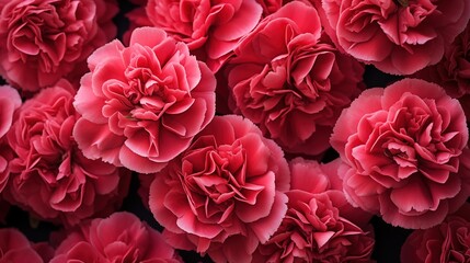 Fototapeta premium Carnation flowers composition. A close-up view of vibrant red carnations in full bloom, showcasing their intricate petals and rich color. Filled on full screen.