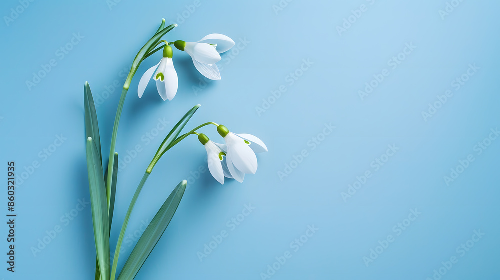 Poster Creative layout made with snowdrop flowers on bright blue  background Flat lay Spring minimal concept : Generative AI