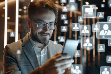 Gen Y businessman, smartphone in hand, 3D video call icons floating around, engaging digital meeting concept