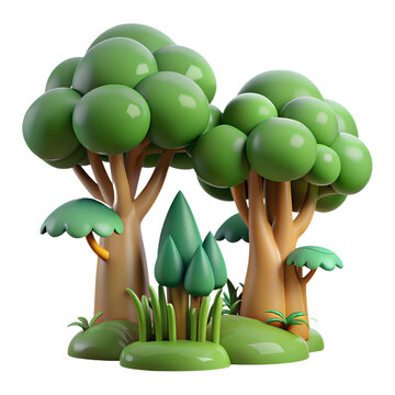 3D illustration of vibrant and colorful cartoon trees in a forest setting, suitable for animations and children's projects.