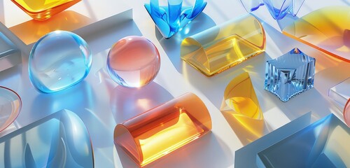 A stunning 3D rendering of various abstract glass shapes arranged in a harmonious composition, with vibrant colors and light reflections enhancing the scene.