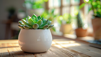 Succulent plant in a white ceramic pot on a wooden table.