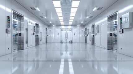 Pristine, modern cleanroom corridor with advanced equipment and bright lighting for high-tech manufacturing or laboratory research.