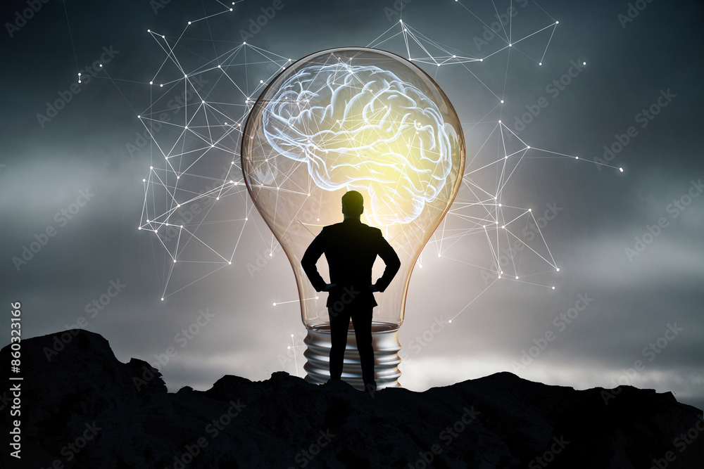 Poster a silhouette of a person stands before a giant lightbulb with a brain network illustration on a stor