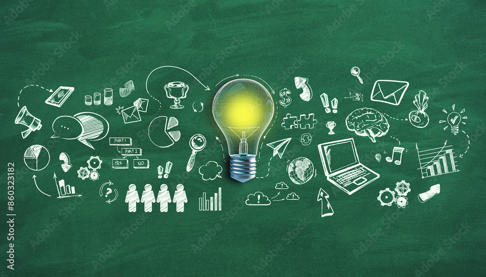 Aufkleber chalkboard with hand-drawn business and idea-related doodles surrounding a light bulb on a green bac