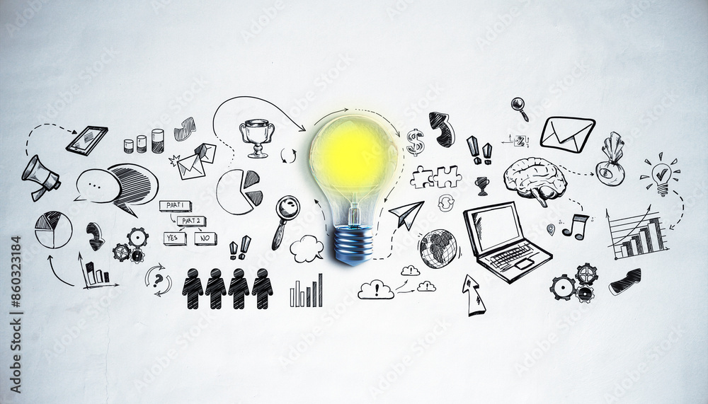 Poster a lightbulb with hand-drawn doodles symbolizing ideas and business concepts on a textured wall backg