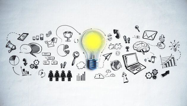 A lightbulb with hand-drawn doodles symbolizing ideas and business concepts on a textured wall background