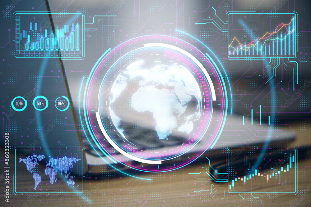 Aufkleber A digital interface with a holographic globe and financial graphs against a tech-inspired background, illustrating a global business concept