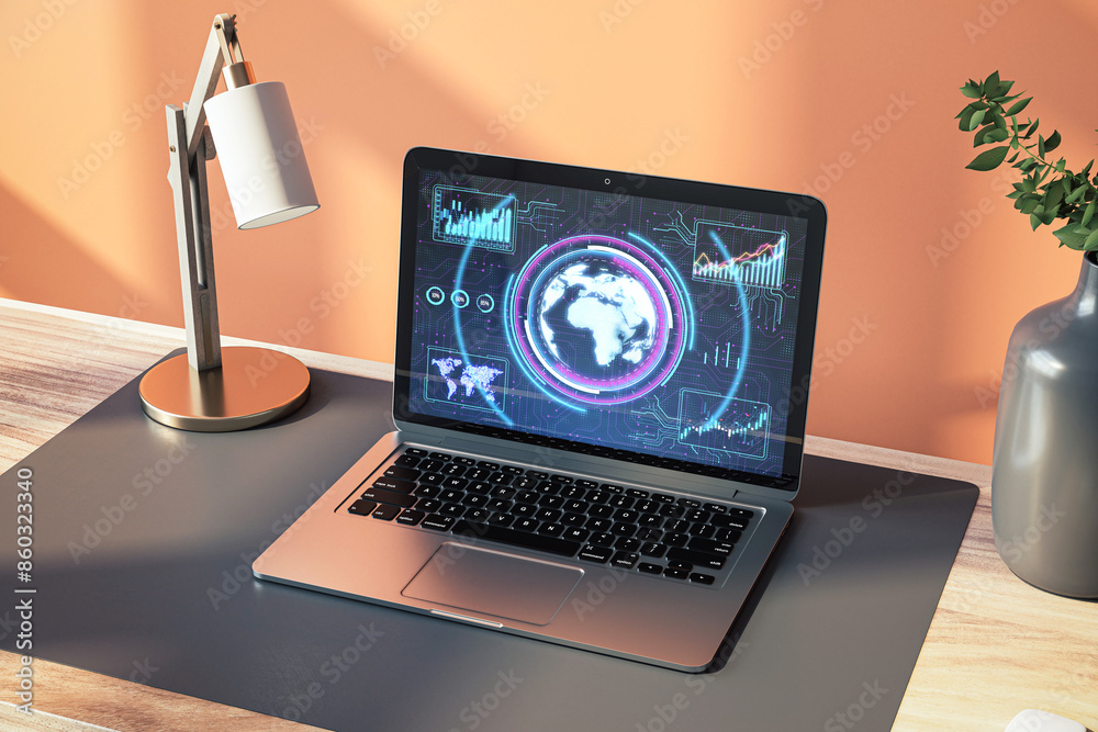 Aufkleber A laptop displaying futuristic holographic graphs and a world map on a desk, modern workspace concept, orange and gray tones. 3D Rendering