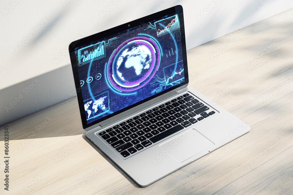 Poster laptop on a wooden desk displaying futuristic global network graphics, light background, concept of 