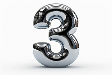 Shiny 3D Number Three in Chrome Finish Isolated on White Background