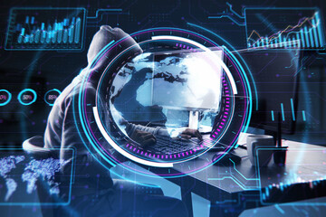 A person at a desk using a computer with futuristic digital HUD elements overlaying the image, set against a dark background, concept of hacking or global data