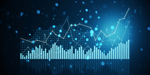 Abstract financial chart with uptrend line graph and bars on blue background, concept of stock market growth. 3D Rendering