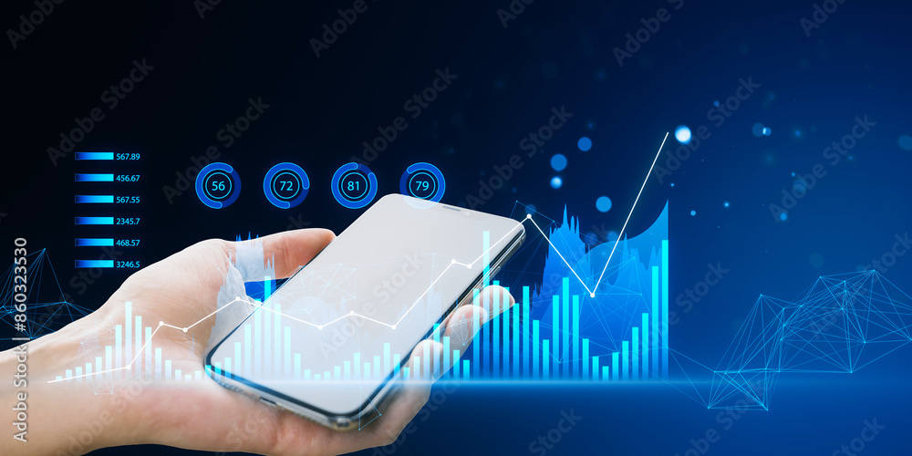 Poster hand holding a smartphone with holographic graphs floating above it, against a blue technology-theme