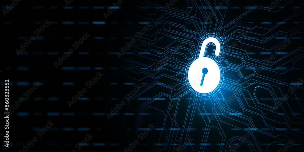 Poster Digital padlock icon on a circuit board pattern, illustrating cybersecurity on a dark blue background, creative concept of digital security. 3D Rendering
