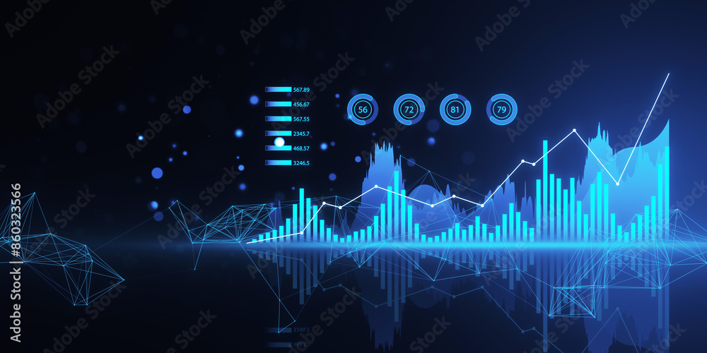 Aufkleber An abstract financial chart with dynamic lines and geometric shapes on a dark blue background, concept of data analysis. 3D Rendering