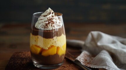 Luxurious Mango and Chocolate Mousse Dessert in Glass with Whipped Cream and Cocoa Garnish