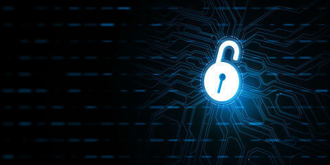 Digital padlock icon on a circuit board pattern, illustrating cybersecurity on a dark blue background, creative concept of digital security. 3D Rendering