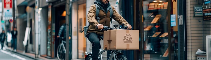 Eco Friendly Bicycle Courier Navigating Busy Urban Streets with Parcel Delivery