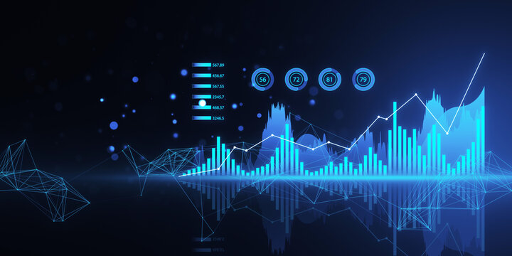 An abstract financial chart with dynamic lines and geometric shapes on a dark blue background, concept of data analysis. 3D Rendering
