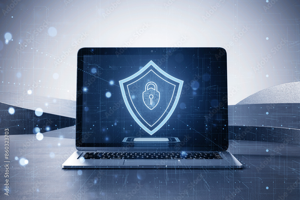 Poster Laptop with digital holographic shield on abstract background, concept of cybersecurity. 3D Rendering