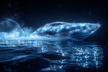 A silhouette logo of a speed boat racing on water, highlighting power and agility, in wireframe style on a dark blue background