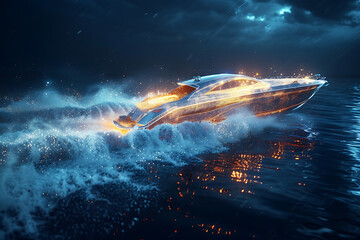 A silhouette logo of a speed boat racing on water, highlighting power and agility, in wireframe style on a dark blue background
